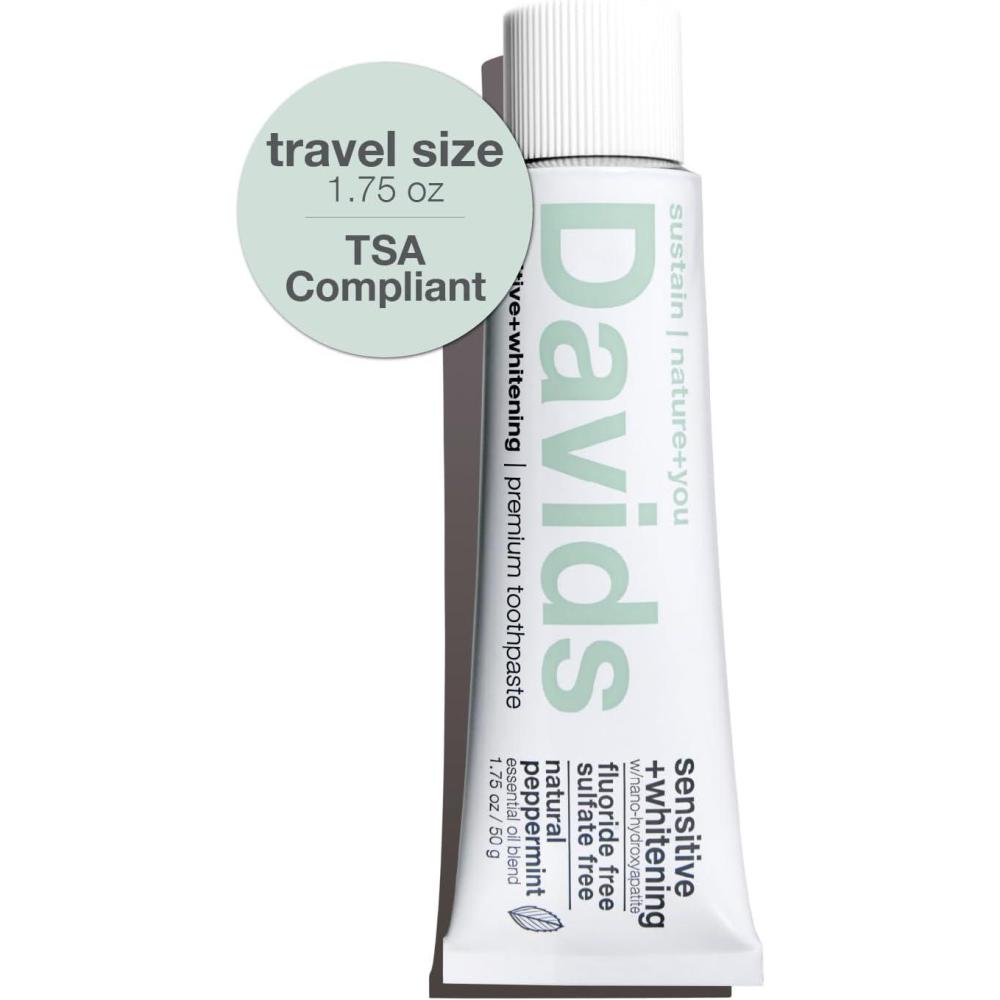 imageDavids Hydroxi Fluoride Free Nano Hydroxyapatite Toothpaste for Remineralizing Enamel ampamp Sensitive Relief Whitening Antiplaque SLS Free Natural Peppermint Made in USA 175oz Travel Size